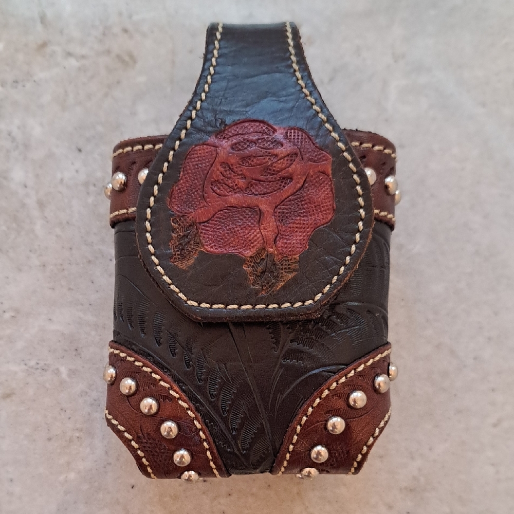 Black and Brown Leather Phone Holster with Rose Design